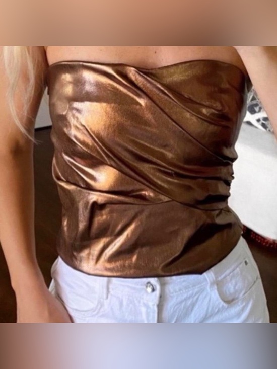Tops - Zara Metallic Bronze Strapless Ruched Top Medium NWT
